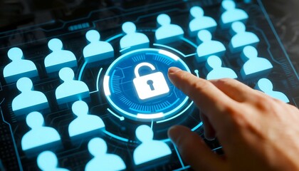 Aufkleber - A finger presses a glowing blue digital interface displaying an unlocked padlock icon surrounded by a network of abstract human figures representing a secure connection or data access
