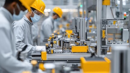 Poster - Closeup of skilled technicians monitoring advanced machinery on an electric vehicle battery production line emphasizing the human element in cuttingedge manufacturing processes that