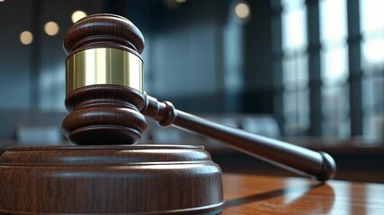 Close-up of a wooden gavel resting on a wooden block in a courtroom setting. The background features blurred elements of the courtroom and diffused light