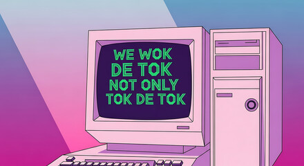 Fototapete - Retro Pink Desktop Computer with Neon Green Text Displaying We Wok De Tok Not Only Tok De Tok.