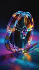 Poster - Artistic shot of a film reel bathed in colorful neon light highlighting the intricate details of the film strip against an elegant dark surface suitable for projects focused on the