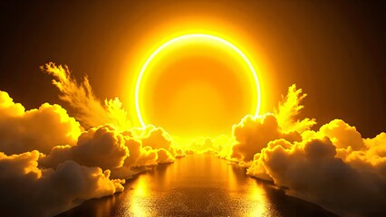 Wall Mural - A glowing golden sun with a bright halo shines above a reflective water surface surrounded by vibrant, luminous clouds at sunset or sunrise.