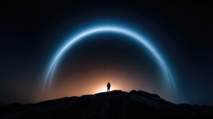 Wall Mural - A solitary figure stands on a rocky outcrop, gazing at a celestial ring.