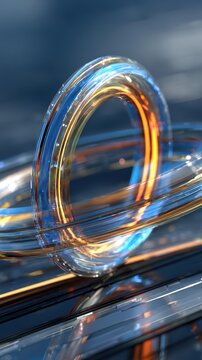A futuristic ring with blue and orange accents floating above a reflective surface in a modern design