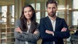 © Yuliia - Caucasian Korean two business man woman folding hands confidence posing office workers professionals crossed arms gesture looking camera coworkers successful businesswoman businessman trading indoors