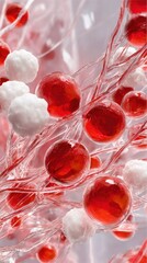 Poster - Artistic representation of blood components under a microscope focusing on the vibrant red color of erythrocytes intertwined with transparent plasma and contrasting against white leukocytes