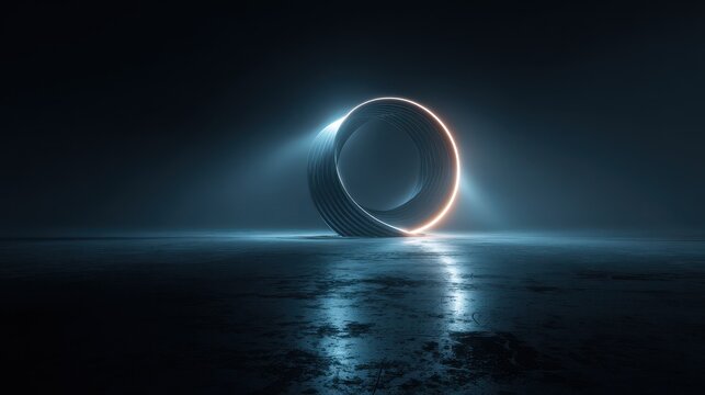 Glowing ring on a reflective surface in a dark environment with blue and orange light accents