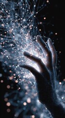 Aufkleber - An artistic representation of a hand reaching out to touch glowing nodes in a sprawling digital web conveying the essence of connectivity and teamwork in the modern world.