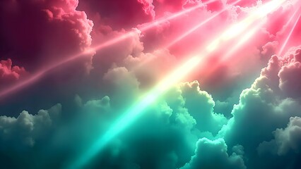 Wall Mural - Vibrant clouds illuminated by colorful rays of light create a surreal and dreamy sky scene with pink, purple, and teal hues.