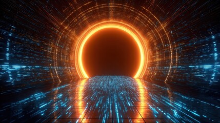 Poster - Step into a surreal digital realm defined by a rotating orange and blue tunnel filled with radiant light trails and cascading data streams representing the cuttingedge advancements