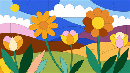Poster - Abstract floral illustration depicting flowers sun and sky in a colorful mid century modern style