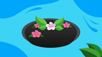 Poster - Artistic floral arrangement floating in water abstract design on blue background