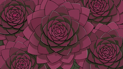 Poster - Artistic illustration of detailed succulent plants with dark burgundy petals patterned design