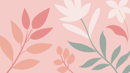 Poster - Elegant pastel floral illustration with leaves and flowers on a soft pink background