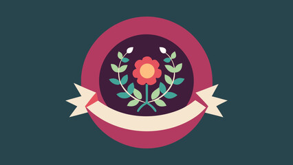 Poster - Floral crest emblem with ribbon and decorative leaves against a teal background