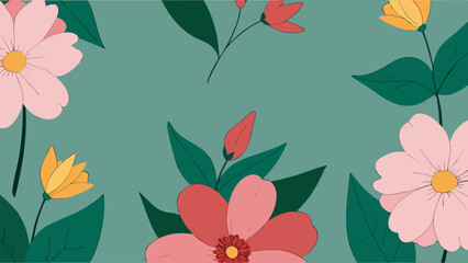 Poster - Floral design with hand drawn flowers and green leaves in a decorative arrangement
