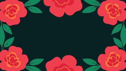 Poster - Floral frame with red roses and green leaves on a dark background design