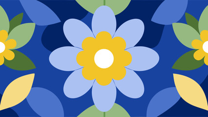 Poster - Geometric floral pattern with blue flowers and leaves on a white background