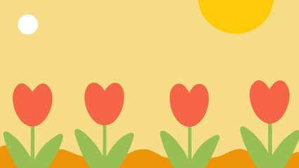 Poster - Playful springtime tulip field design featuring a sun and simple illustration