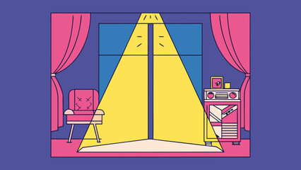 Poster - Retro room illustration with dramatic lighting, curtain, furniture, and a modern feel