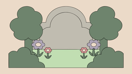 Poster - Stylized garden scene with arched gate flowers trees and soft pastel background