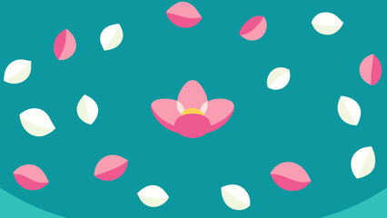 Poster - Stylized pink flower with floating petals on a teal background floral design