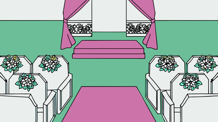 Poster - Stylized wedding ceremony scene with floral decorations and open-air archway