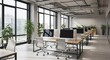 © Bayhaki - Bright and modern open office space featuring desks, chairs, plants and large windows with a city view, promoting a healthy work environment.