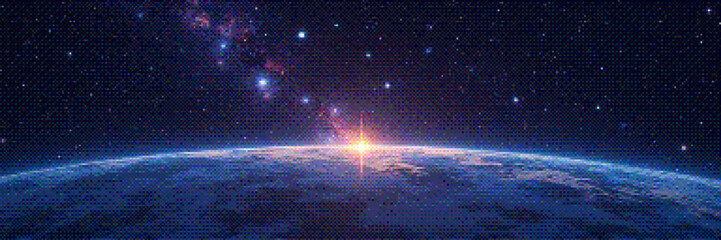 Wall Mural - retro pixel art scene with planetary horizon bathed in sunlight. panoramic deep space scene backgrou