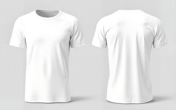 Set of white tee t shirt round neck front, back and side view on transparent background cutout, PNG file. Mockup template for artwork graphic design. 3D rendering. High quality