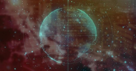 Poster - Sphere pulsing into view starting dot-matrix globe rotating rings tracing continents for mapping