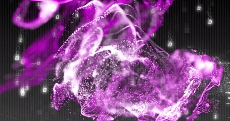 Poster - Violet ribbon materializing and morphing into pulsating particle cloud while visualizing data flow