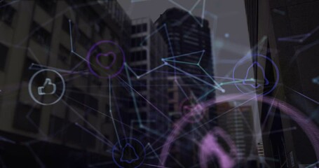 Poster - Faint neon lines materializing around towers initiating icons animating messaging connectivity
