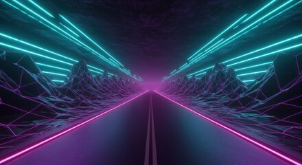 Poster - Illuminated retro-futuristic highway with neon accents and synthesized landscape creates a