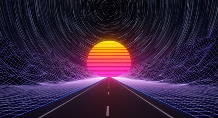 Poster - Retro wave digital landscape with sun and starry sky creating a nostalgic scene