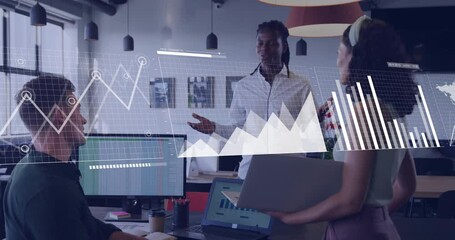 Poster - Business presenter reporting data triggers line graph evolving into bar charts map as team engaging