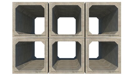 Fototapete - 3D isometric image of six 200cm x 200cm x 120cm gray concrete box culverts, stacked in two rows, from a front-side angle against a white set, defining precast drainage components for technical diagram