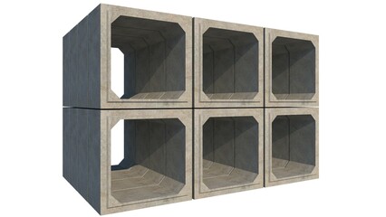 Fototapete - 3D isometric image displays an arrangement of six 200cmx200cmx120cm gray concrete box culverts, stacked in two rows, set against a white set, defining precast drainage components for product catalogs