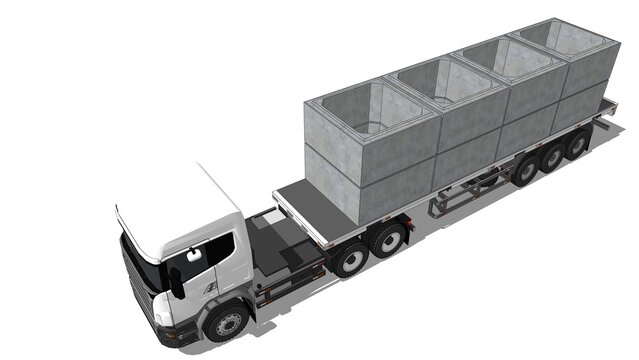 3D isometric image depicts a white semi-truck with a flatbed trailer loaded with eight large 200cm x 200cm x 120cm box culverts, set against a white set, defining heavy construction material transport