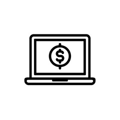 Poster - A clean and crisp black line icon illustrating a laptop computer displaying a prominent dollar sign symbol, concept for secure online financial transactions, efficient digital banking services