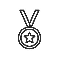 Aufkleber - Clean, black line vector drawing showcasing a round medal with an internal star and v-shaped ribbon, concept for award presentation assets, employee recognition, and achieving goals in business