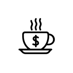 Poster - A minimal outline icon depicts a steaming hot beverage cup featuring a prominent dollar sign on a saucer, concept for cafe pricing, beverage business costs, and menu item financial representation
