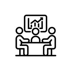 Poster - Simple line icon depicting three people in a business meeting analyzing a growth chart, concept for business analytics presentations, corporate strategic planning and financial performance reporting