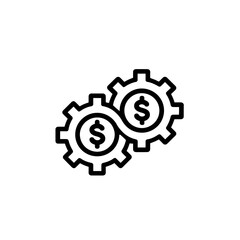 Poster - Minimalist black line icon illustrating two interlocking mechanical gears featuring dollar currency symbols inside, concept for financial strategy concept, investment management operations