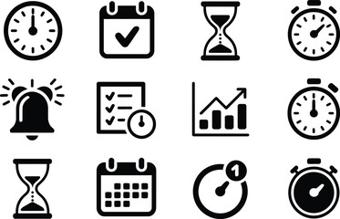 Poster - Black and White Time and Calendar Icons on White Background