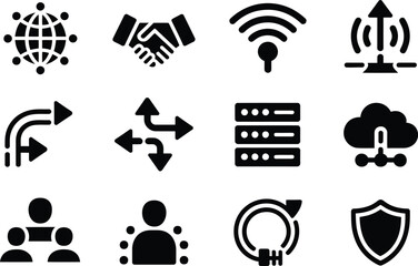 Poster - Black Icons of Global Network Handshake Wireless Data Cloud Arrows Server Shield