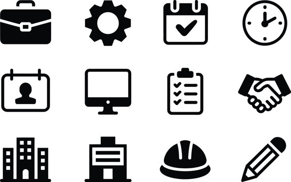 Black Business Icons Set Including Briefcase Gear Calendar Clock Computer