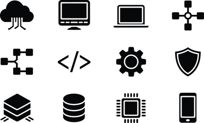 Poster - Black and White Technology Icons Cloud Computer Laptop Gear Database Shield
