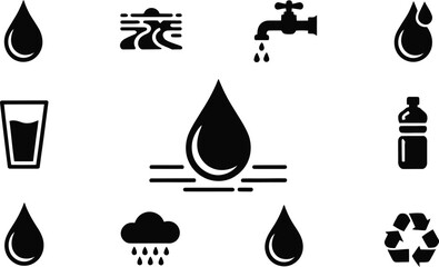 Poster - Black and White Water Icons: Droplets, Tap, Glass, Cloud, Bottle, Recycling