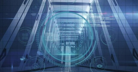 Poster - Panning down server aisle showing data protection text shrinking pulsing rings visualizing security